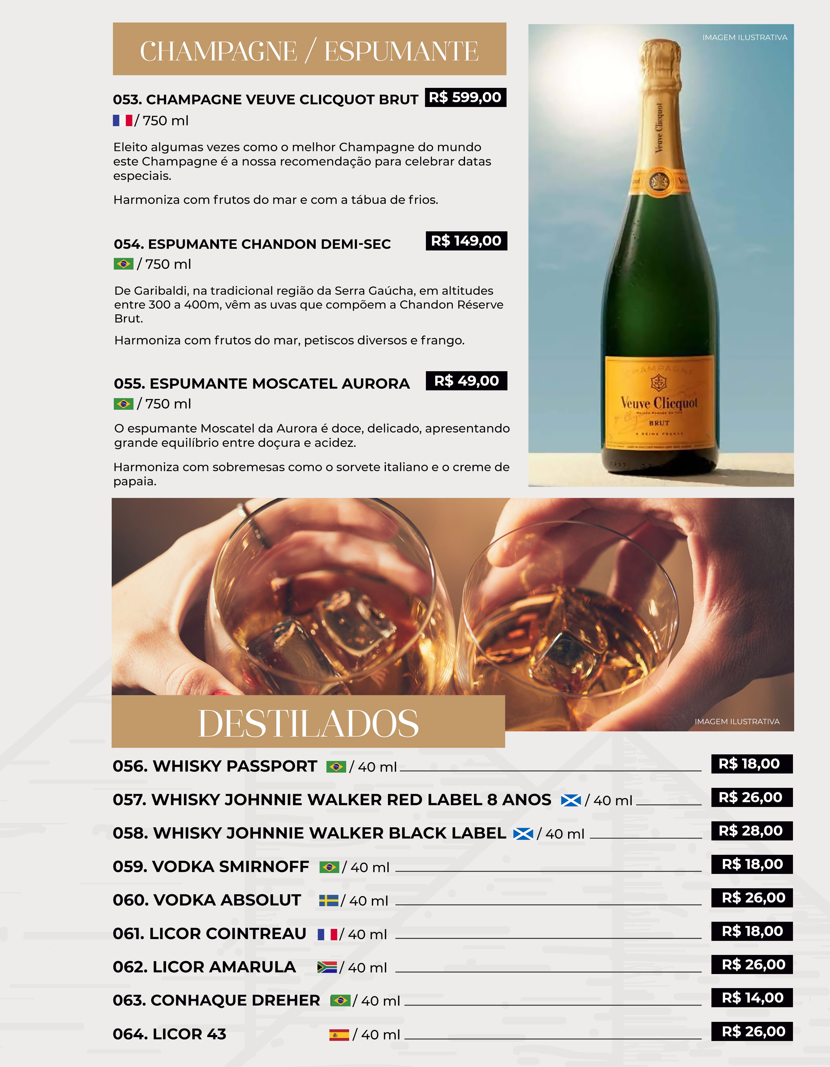 CHAMPAGNES, ESPUMANTES E DESTILADOS